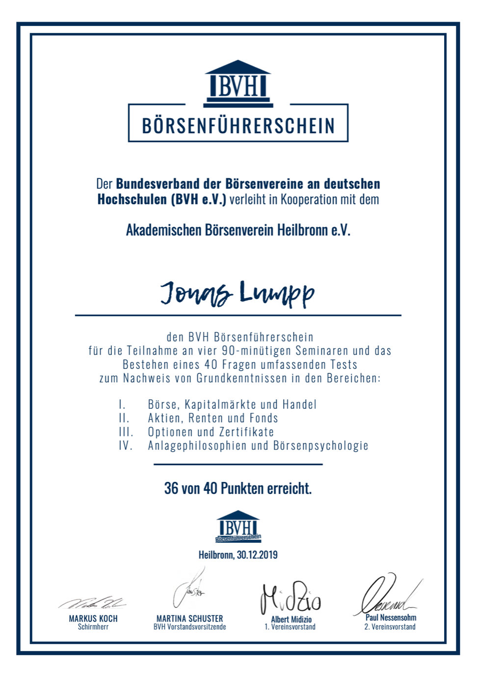 BVH Börsenführerschein 2019 certificate