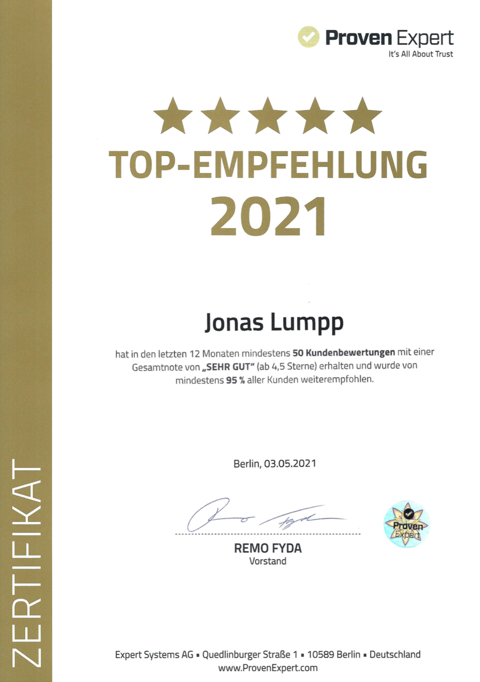 Top-Empfehlung 2021 certificate