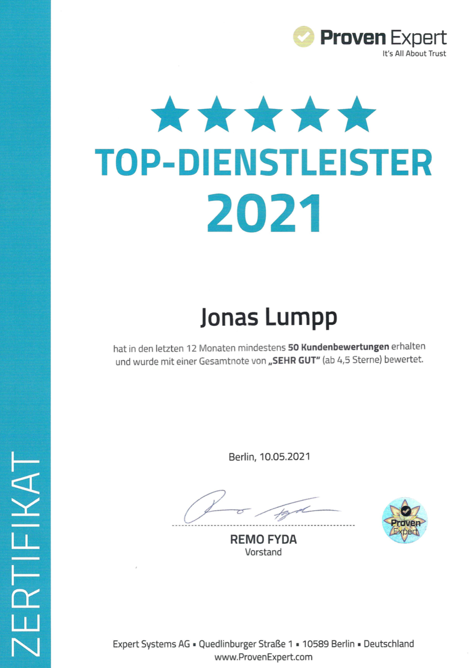 Top-Dienstleister 2021 certificate