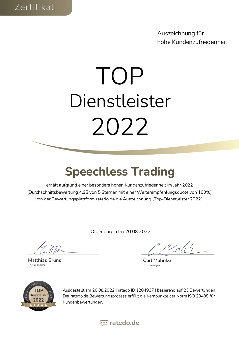 Top-Dienstleister 2022 certificate
