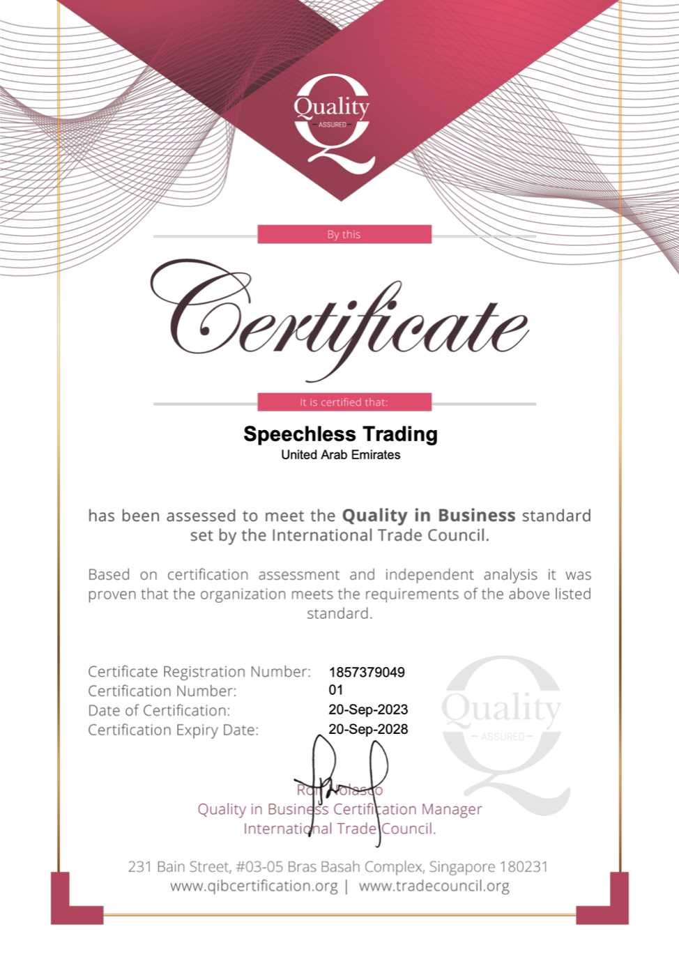 Quality in Business 2023 certificate