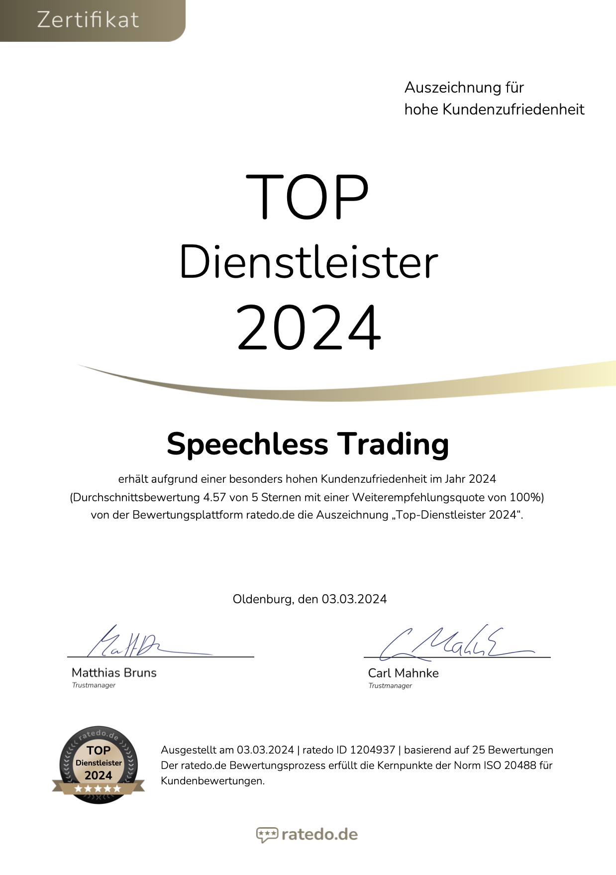 Top-Dienstleister 2024 ratedo certificate