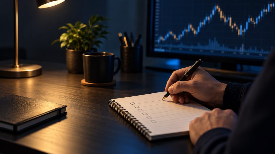 A trader writes a risk checklist before making a trading decision.